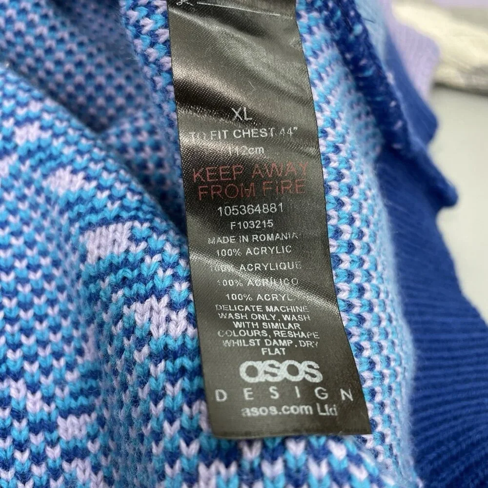 Asos Design Argyle Sweater Crew Neck Knit Preppy Oversized Purple Blue Mens XL